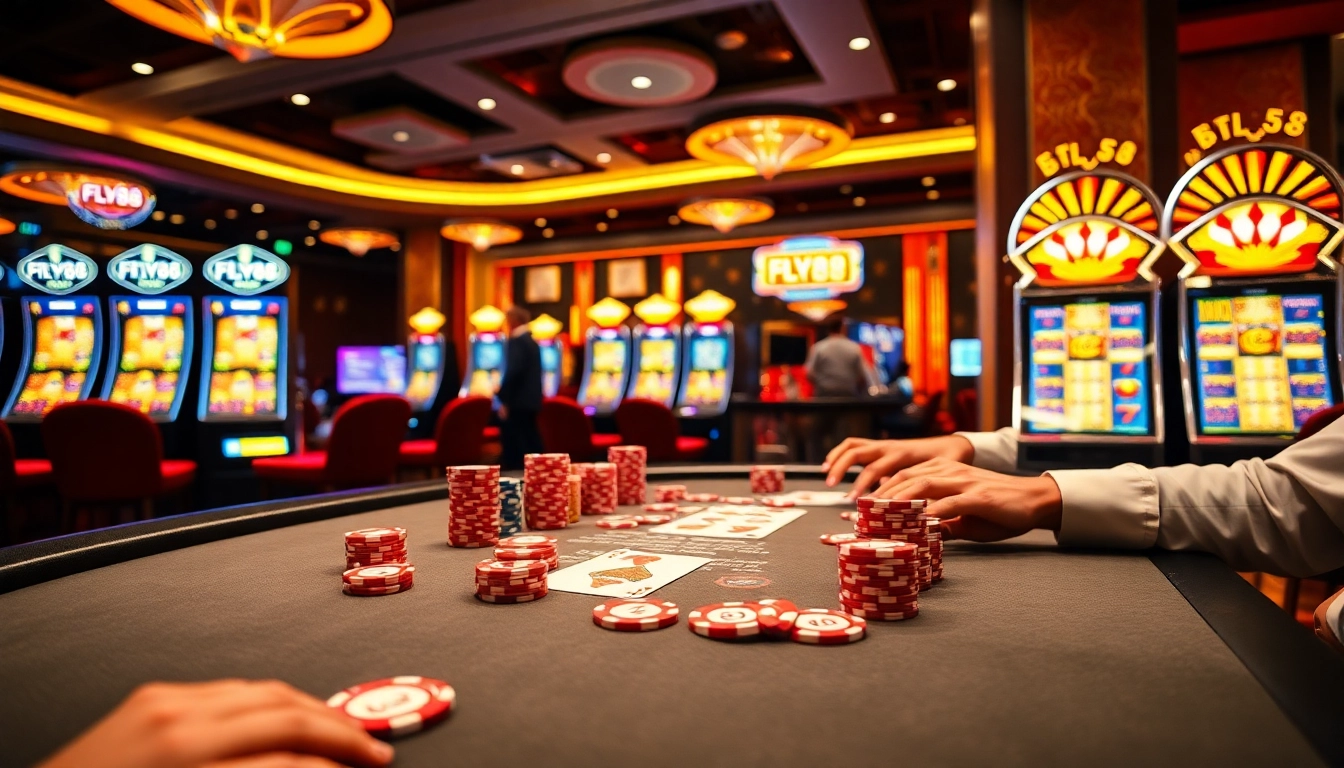 FLY88 poker chips illuminated on a vibrant casino table with players engaged.